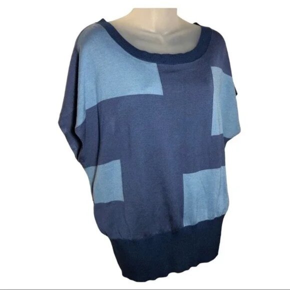 NEW YORK & COMPANY BLUE SQUARE PATTERN KIMONO SHORT SLEEVE SWEATER LARGE-EUC - Picture 1 of 5
